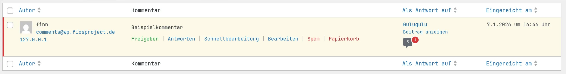 Nicht veröffentlichter kommentar